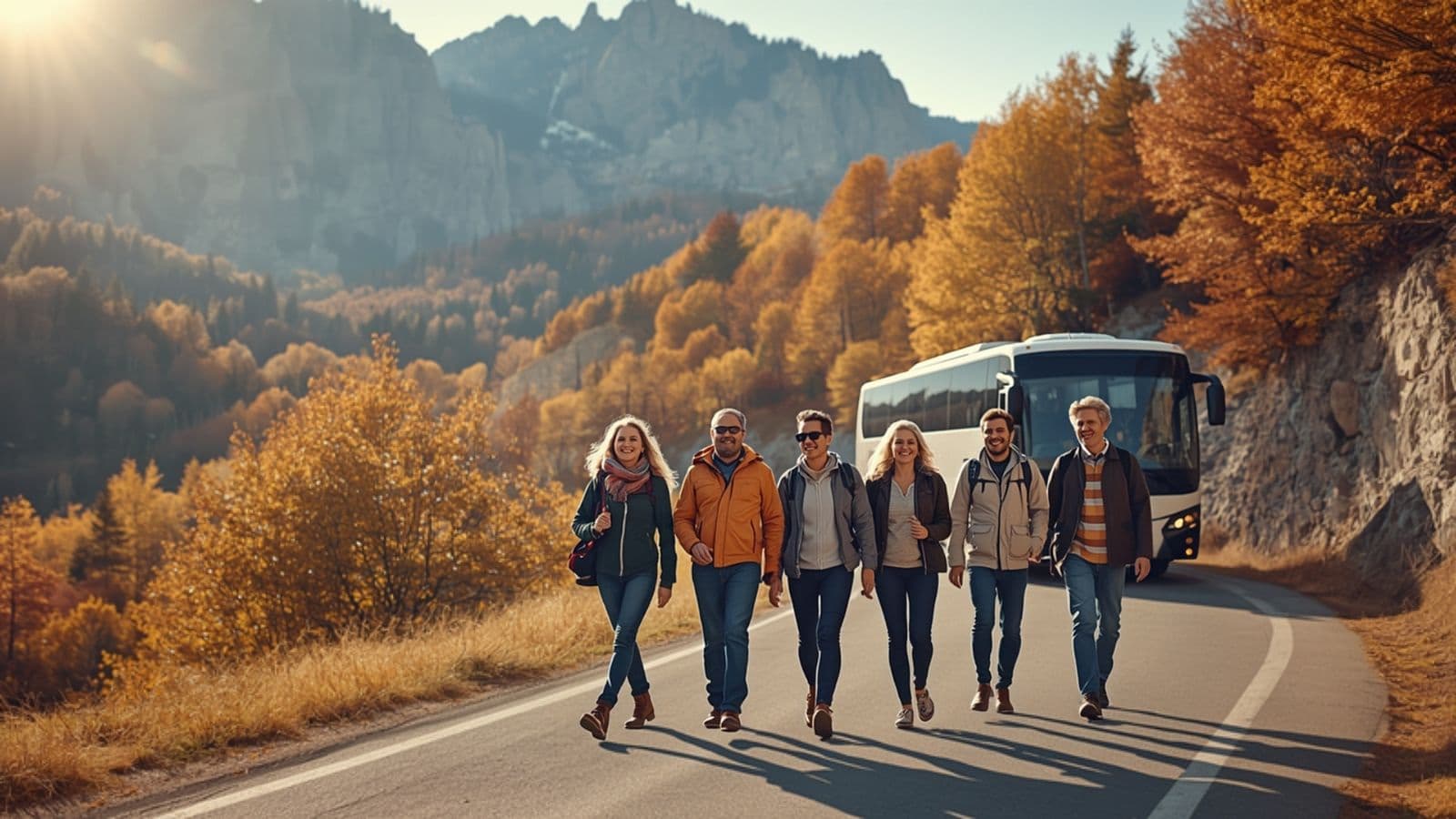 Grup de turiști pe un drum de munte toamna, cu autocarul în spate